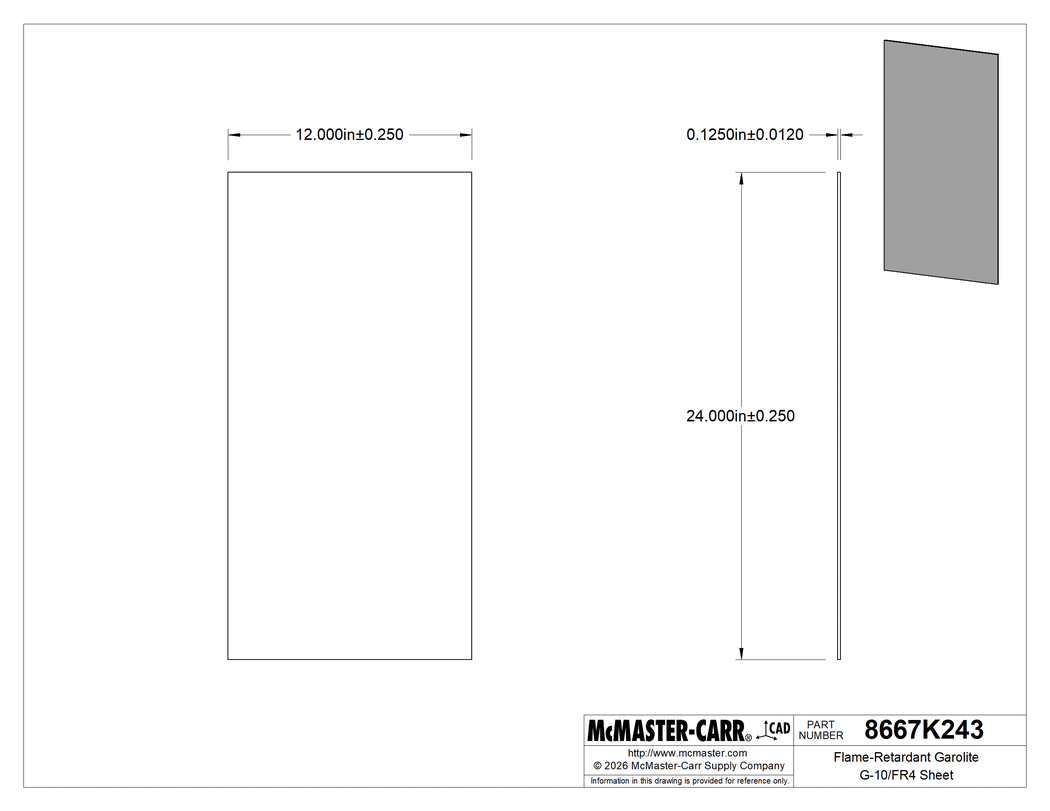 Technical Drawing of Flame-Retardant Garolite G-10/FR4 Sheet, Multipurpose, 12" x 24", 1/8" Thick, Yellow.